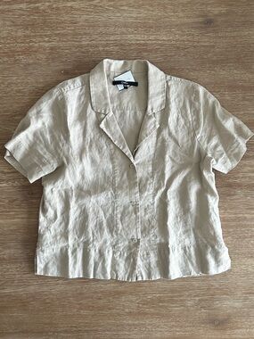 Quince Beige Short-Sleeve European Linen Button-Up Top